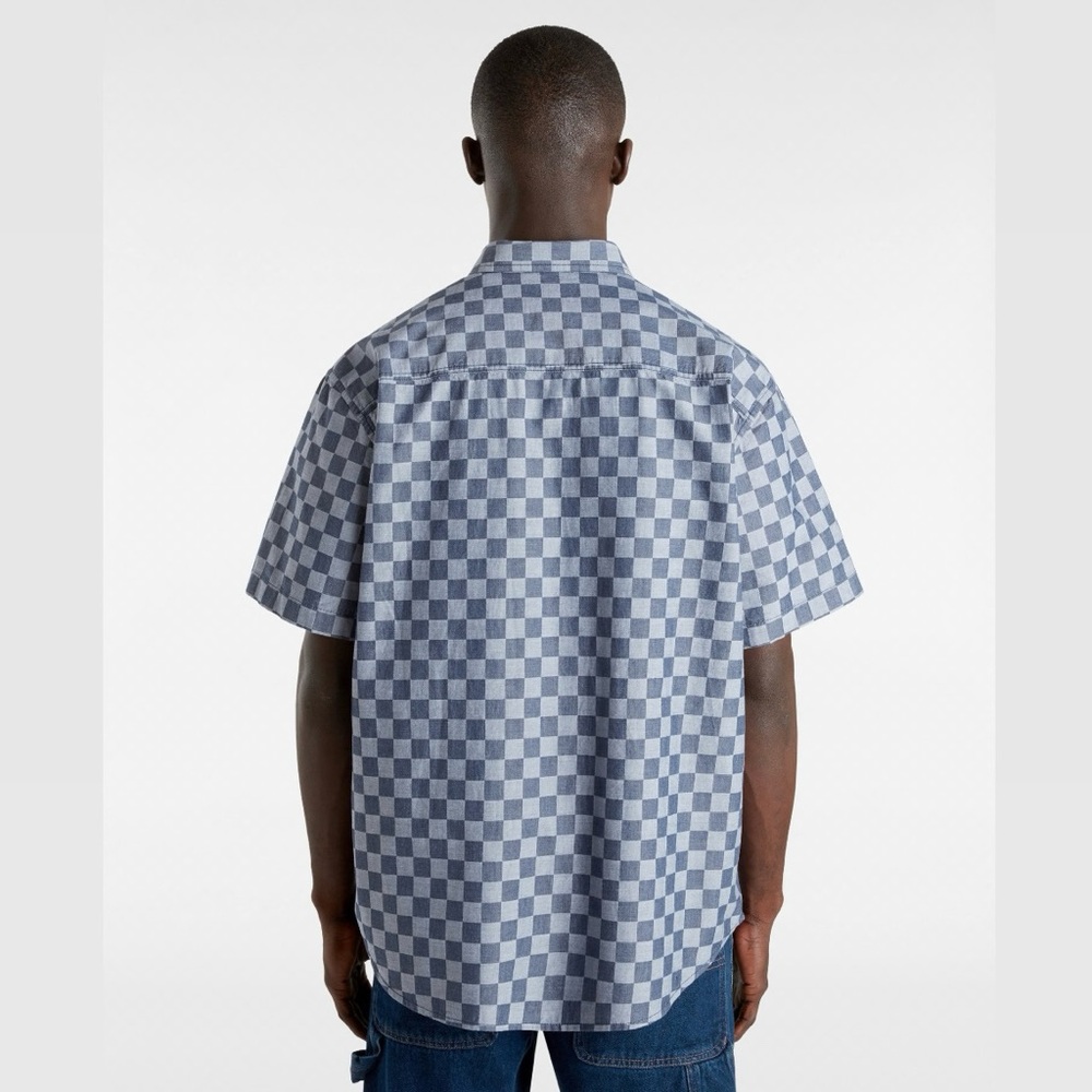 Men’s XL VANS Loose Fit Blue Checkered 100% Cotton Short Sleeve Button Up Shirt - Picture 15 of 15